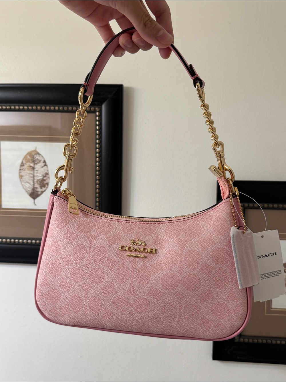 COACH Pink Signature Chain Shoulder Bag with Gold Hardware